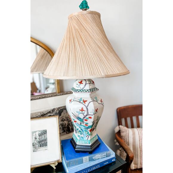 Famille Rose-Inspired Ginger Jar Lamp with Pleated Shade - Picture 1 of 7